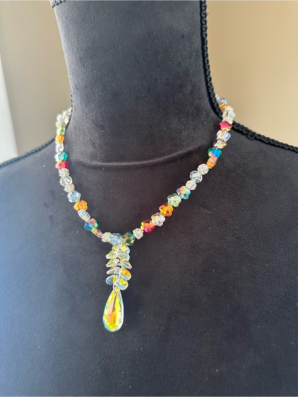 Hand Crafted Multicolor Crystal Beaded Necklace with Iridescent Teardrop - Picture 3 of 7